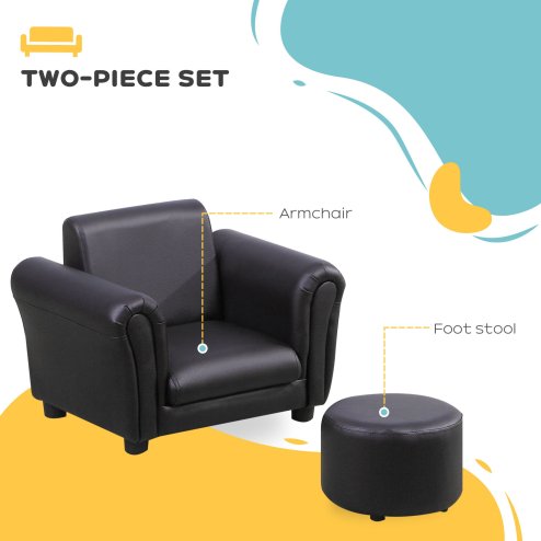 HOMCOM Children's Armchairs Toddler Chair Sofa Single Seater Childrens Armrest w/ Footstool - Black