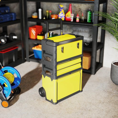 HOMCOM 3-in-1 Rolling Tool Box, Stackable, Modular Powder Coated Steel Toolbox with Tray, Handles, Latches, Wheels, Heavy Duty Tool Storage System for Workshop, Garage, 520mm x 320mm x 720mm, Yellow