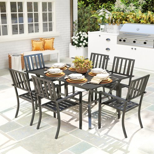 Outsunny 7 Pieces Patio Dining Set, 6 Seater Outdoor Table and Stackable Chairs with Umbrella Hole, Galvanised Steel Frame, Space Saving, for Poolside, Garden, Black