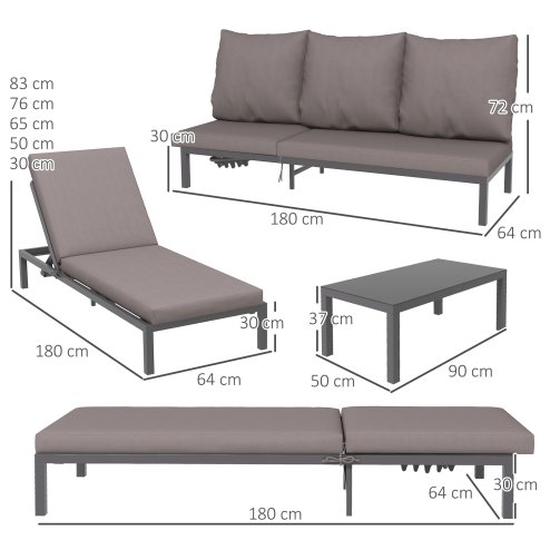 Outsunny 3 Pieces Garden Sun Loungers Set with Cushion, 5-level Adjustable Outdoor Recliner Bed Set w/ Glass Top Table, 2-In-1 Design Aluminium Frame Recliner Lounge or Use As Sofa Bed, Grey