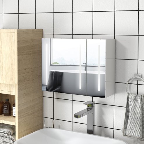 kleankin LED Lighted Bathroom Mirror Cabinet, Wall Mounted Bathroom Storage Cupboard with USB Charge, Adjustable Shelf, 90W x 15D x 70Hcm, High Gloss White