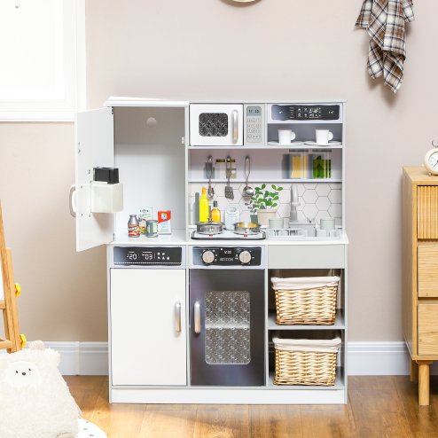 AIYAPLAY Play Kitchen, Pretend Toy Kitchen, Kids Kitchen Playset with Sounds and Lights Cooking Stove, Running Water, Coffee Maker Refrigerator, Microwave, Kitchen Accessories