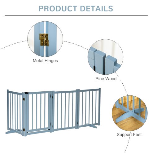 PawHut Wooden Dog Gate, Dog Fence Indoor, 80 cm Tall Freestanding Pet Gate for Small and Medium Dogs with 4 Panels, 2 Support Feet, Blue-Grey