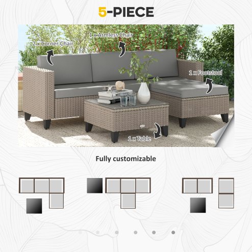 Outsunny 5 Pieces PE Rattan Garden Furniture Set, 4 Seater Garden Corner Sofa Set with Glass Coffee Table, Wicker Outdoor Furniture Set with Cushions for Patio Deck, Brown