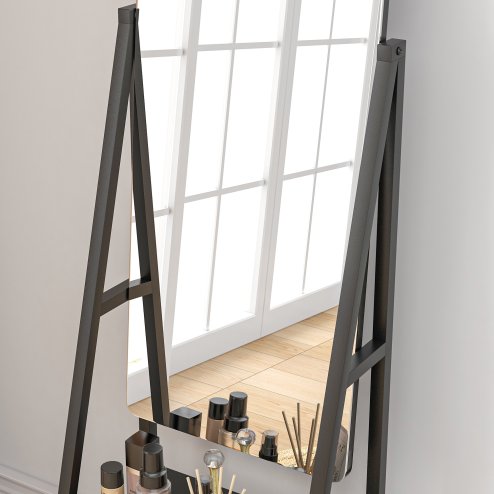 HOMCOM Free Standing Full Length Mirror, Rolling Full Body Mirror with Adjustable Angle, 2 Storage Shelves and 4 Wheels for Bedroom, Living Room, Hallway, Black