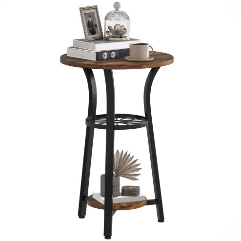 HOMCOM Small Round Side Table for Narrow Space, 3-Tier End Table with Storage Shelves, Industrial Nightstand for Living Room, Bedroom, Rustic Brown