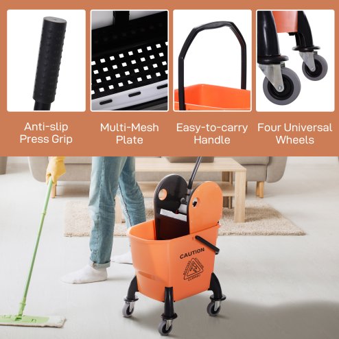 HOMCOM 26L Mop Bucket with Wringer, Mop Bucket on Wheels with Carry Handle, Mop Holder, Plastic Body for Household, Orange