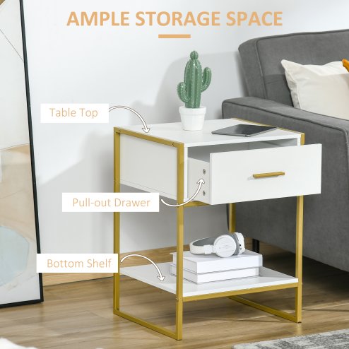 HOMCOM Bedside Table with Storage Drawer and Open Shelf, Modern Nightstand, Side Table with Metal Frame for Bedroom, Living Room, White