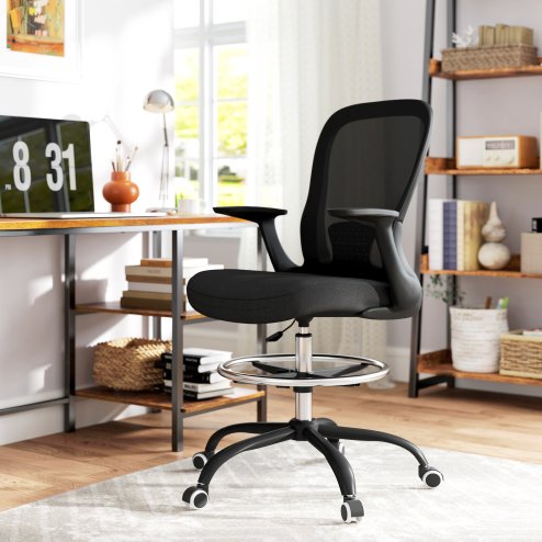 HOMCOM Drafting Chair, Swivel Draughtsman Chair, Ergonomic Office Chair, Mesh Standing Desk Chair with Flip-up Armrest, Lumbar Support, Adjustable Foot Ring, Black