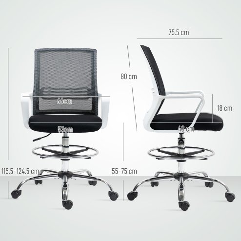 HOMCOM Drafting Chair, Swivel Draughtsman Chair, Ergonomic Office Chair, Mesh Standing Desk Chair with Lumbar Support, Adjustable Foot Ring, Adjustable Height, Black