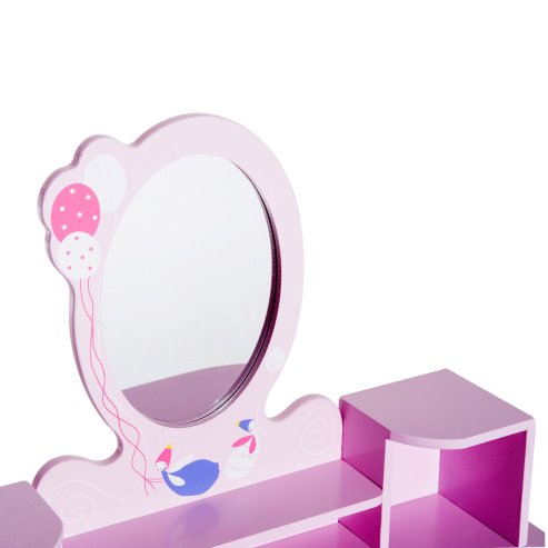 HOMCOM 2 PCS Kids Wooden Dressing Table and Stool Girls Vanity Table Makeup Table Set with Mirror Drawers Role Play Toy for Toddlers Age 3 Years +, Pink and White