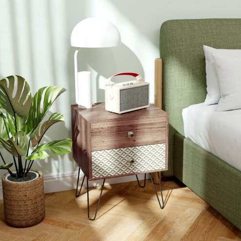 HOMCOM 2-Drawer Bedside Table, Boho Wooden Nightstand Storage Unit, Bedside Cabinet with Steel Frame, Sofa End Side Table for Living Room, Bedroom, Small Space, Rustic Brown