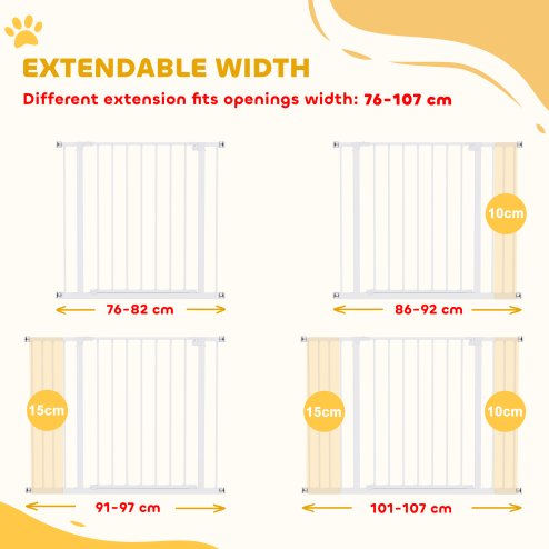 PawHut Dog Gate Pet Safety Gate Stair Barrier Pressure Fit Adjustable 76-82/86-97/101-107 cm, White