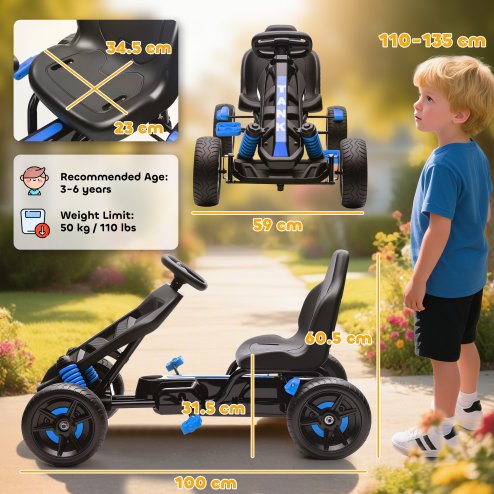 AIYAPLAY Pedal Go Kart, Ride on Racer with Freewheel System, Brake, Non-Slip EVA Wheels, Metal Frame, Go Kart for Kids Ages 3-6 Years, Blue