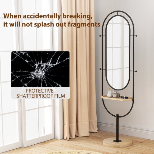 HOMCOM Full Length Mirror, Oval Free Standing Mirror with Wooden Tray, 4 Hooks and Metal Frame for Living Room, Bedroom, Cloakroom, Black