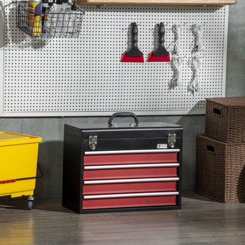 DURHAND 4 Drawer Tool Chest, Lockable Metal Tool Box with Ball Bearing Runners, Portable Toolbox, 510mm x 220mm x 395mm, Black