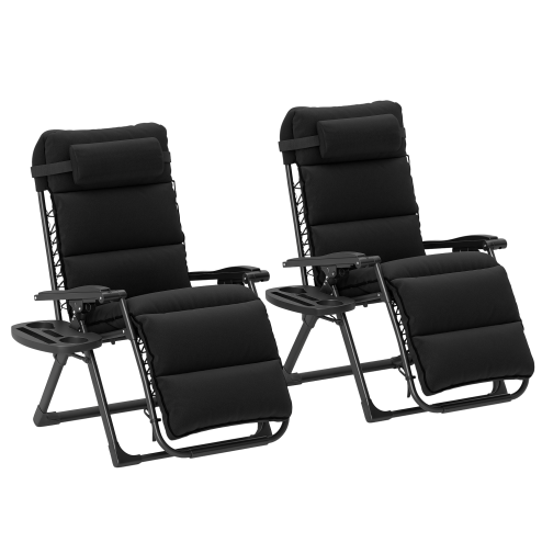 Outsunny Zero Gravity Chairs Set of 2, Folding Reclining Garden Chair, Outdoor Sun Lounger with Cushion, Garden Recliner Chairs with Headrest and Cup Phone Holder Tray for Beach, Black