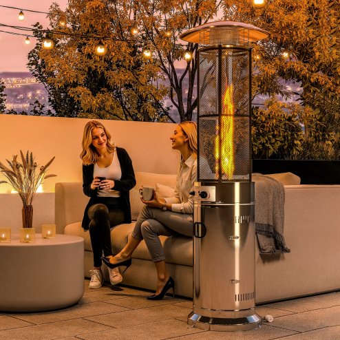 Outsunny 11 KW Freestanding Gas Patio Heater, Adjustable Outdoor Garden Propane Heater with Tip-Over Switch, Wheels, Pulse Ignition, Tank Room with Openable Door, Silver Tone