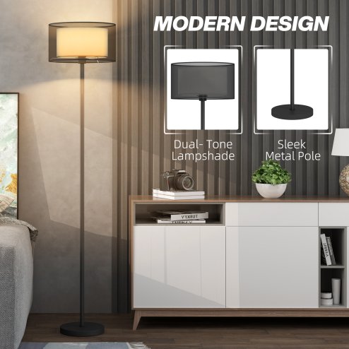 HOMCOM Floor Lamp for Living Room, Modern Standing Lamp with Double Layer Shade & Foot Switch, Minimalist Tall Pole Lampshade for Bedroom, Office, Black
