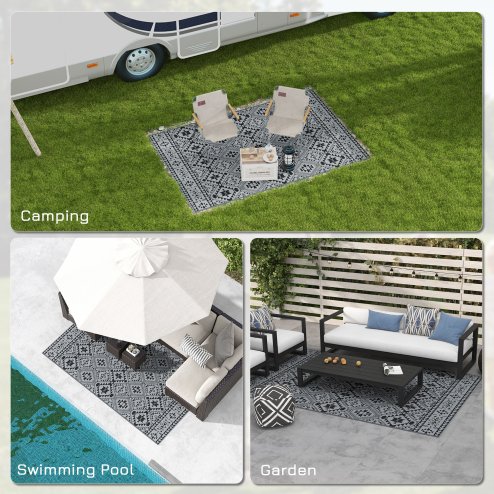 Outsunny Reversible Outdoor Rug with Carry Bag, Waterproof Plastic Straw Mat for Garden, Deck, RV, Picnic, Beach, Camping, 182 x 274cm, Black and Grey