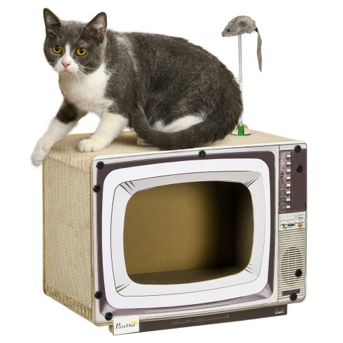 PawHut Cardboard Cat House with Scratcher, Catnip, TV-Shaped Cat Play House with Toy Mouse for Indoor Cats