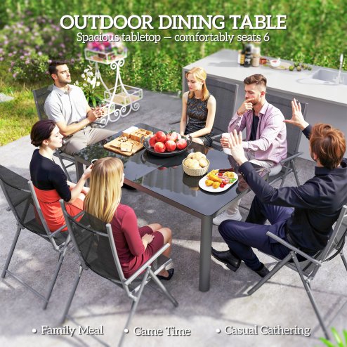 Outsunny Outdoor Dining Table for 6 People, 150 x 88 cm Rectangular Garden Table with Aluminium Frame, Tempered Glass Top and Height-Adjustable Feet for Balcony, Porch, Terrace, Grey