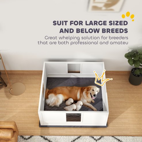 PawHut Whelping Box for Dogs, Dog Whelping Box Dog Playpen Fence Exercise Play Pen with Waterproof Washable Whelping Pad, Adjustable Entrance, Non-Slip Pads, for Large Dogs and Puppies, 124 x 120cm