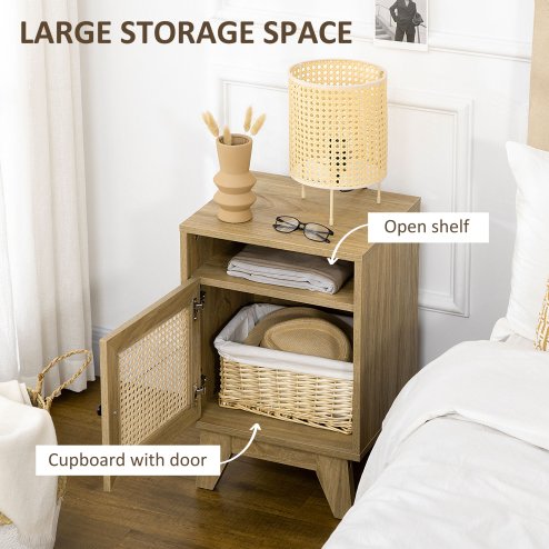 HOMCOM Bedside Table Nightstand with Storage Shelf and Door Cupboard, Side End Table with  Rattan Element for Living Room, Bedroom, Natural