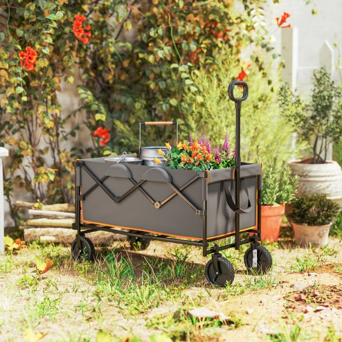 Outsunny 160L Festival Trolley on Wheels, Folding Camping Trolley Cart w/ Tailgate, 100kg Heavy Duty Garden Collapsible Folding Wagon w/Adjustable Handle, Carry Bag for Beach Picnic, Grey and Orange