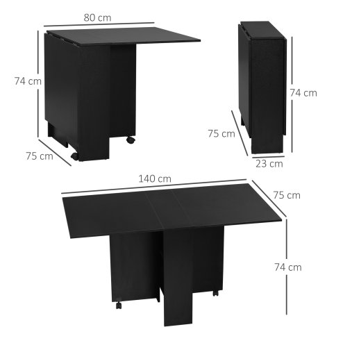 HOMCOM Folding Dining Table, Drop Leaf Table with 2-Tier Shelves, Rolling Casters, for Small Spaces, Kitchen, Black