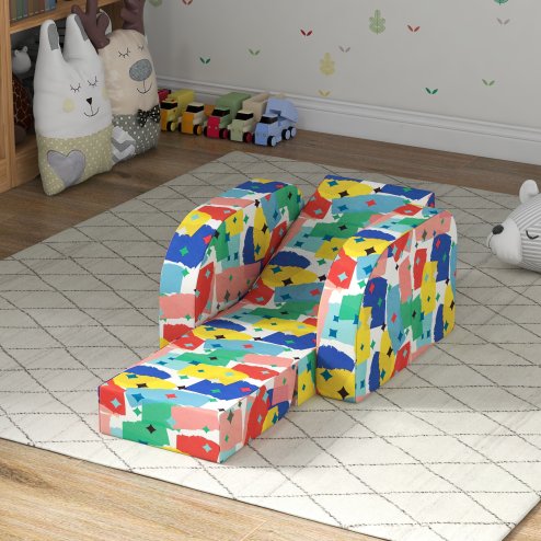 AIYAPLAY Kids Armchair, 2 in 1 Foldable Toddler Chair, Soft Snuggle Sponge Filled Recliner, for Bedroom Playroom Living Room, for Boys & Girls 18 Months to 3 Years - Multicoloured