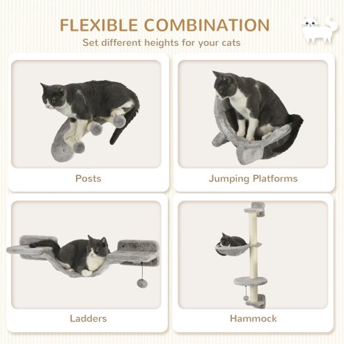 PawHut 4 Piece Cat Shelves, Cat Wall Furniture with Hammock, Scratching Posts, Soft Ladder, Steps, Jump Platforms, Cat Wall Shelves for Indoor Cats - Grey