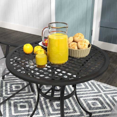 Outsunny 85cm Round Garden Dining Table, Cast Aluminium Coffee Table with Parasol Hole and Adjustable Foot Pad, Patio Table for Outdoor, Balcony, Poolside, Black