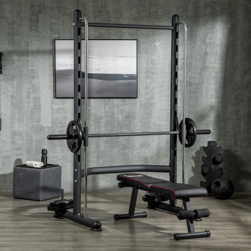 HOMCOM Smith Machine Squat Rack with Pull-Up Bar, Adjustable Weight Rack, Multi-Functional Weight Lifting Barbell Stand for Home, Gym, Strength Training