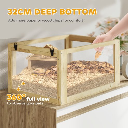 PawHut Wooden Hamster Cage, 3 Tier Gerbil Cage with Detachable 32cm Deep Bottom, Hut, Seesaw, Exercise Wheel, Ramps, Natural Wood Finish
