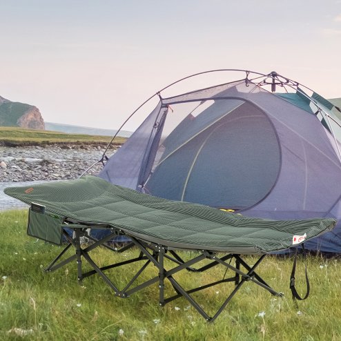 Outsunny Camping Bed for Adults, Single Folding Camp Bed, Padded Portable Camping Cot for Sleeping, with Carry Bag, Side Pocket and Cup Holder for Outdoor, Travel, Fishing, Grey