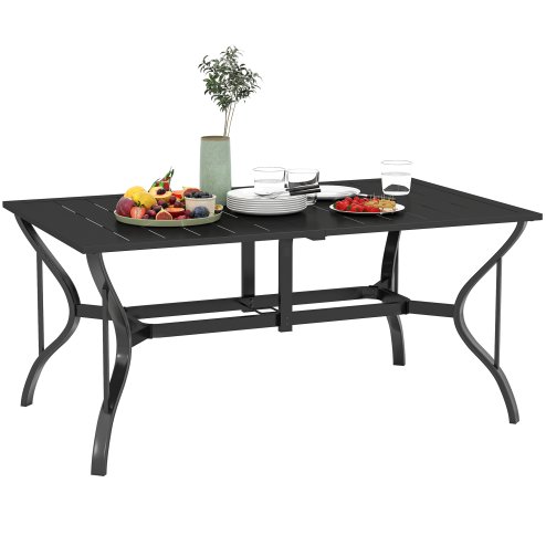Outsunny Rectangle Garden Table with Parasol Hole, Outdoor Dining Table for 6, Patio Table with Steel Frame and Slat Tabletop for Balcony, 150cm x 90cm, Black