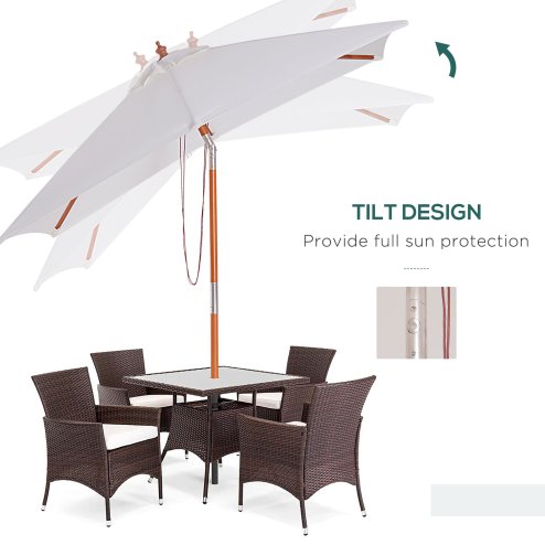 Outsunny 2m x 1.5m Garden Parasol Umbrella with Tilting Sunshade Canopy, Outdoor Market Table Umbrella with Wood and Bamboo Frame, Cream White