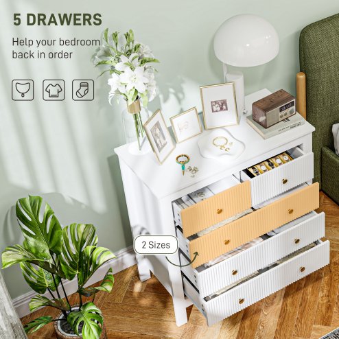 HOMCOM Bedroom Chest of Drawers, Fluted 5 Drawer Dresser with Gold Tone Handles for Living Room, Hallway, Entryway, 79 x 39.5 x 81cm, White