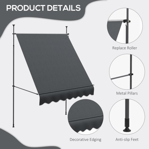 Outsunny 2 x 1.2m Free Standing Retractable Awning, Non-Screw Patio Sun Shade Shelter with Support Pole Stand and UV Resistant Fabric, for Window, Door, Porch, Deck, Dark Grey