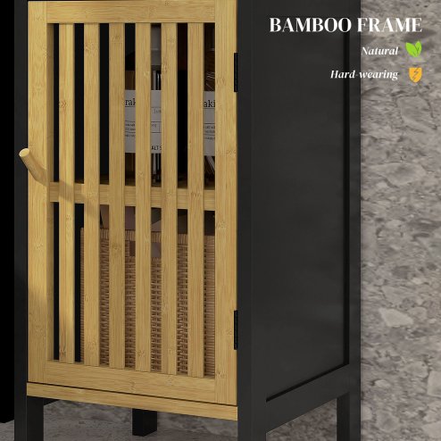 HOMCOM Slim Bathroom Storage Cabinet, Small Bamboo Bathroom Cabinet with Open Compartment and Adjustable Shelf