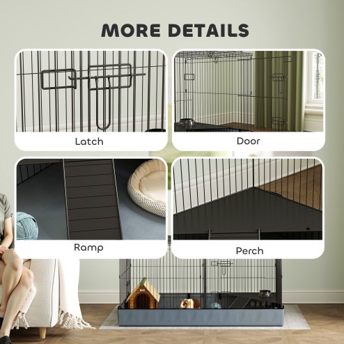 PawHut Guinea Pig Cage, 2 in 1 Rabbit Cage Pet Playpen with Removable Top, 2 Separate Area, Waterproof Oxford Fabric Floor, Perch, Ramp, Small Animal Cage for Guinea Pigs, Bunnies, Hedgehogs, Black