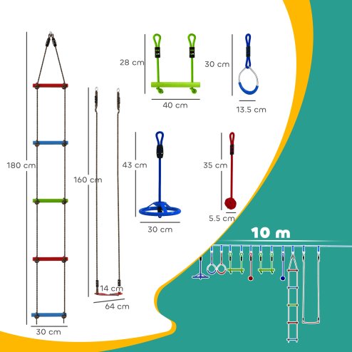 AIYAPLAY Zip Line Kit for Kids, 10-Piece Outdoor Obstacle Course for Kids, 10m Kids Slackline Kit with Monkey Bars, Swing, Climbing Ladder, Hanging Tray, Metal Rings, Gripping Balls, Multicoloured