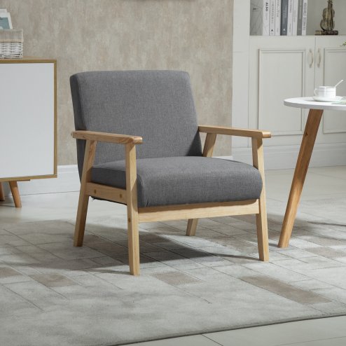 HOMCOM Accent Chair Wood Frame with Thick Linen Cushions Wide Seat Armchair Home Furniture Bedroom Office Grey