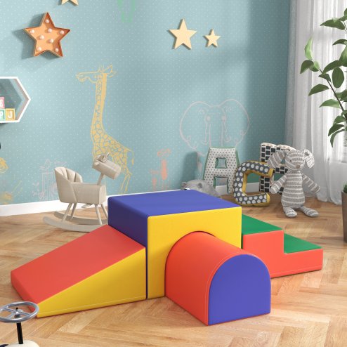 HOMCOM Baby Soft Play Set, 4 Piece Soft Play Equipment for Toddlers 12-36 Months, Climb and Crawl Foam Play, Kids Activity Play Toy, Red