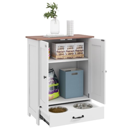 PawHut Pet Feeding Station with Storage, Dog Feeding Station with Raised Dog Bowls, Adjustable Panel, Hooks, Pet Food Storage Cabinet, White