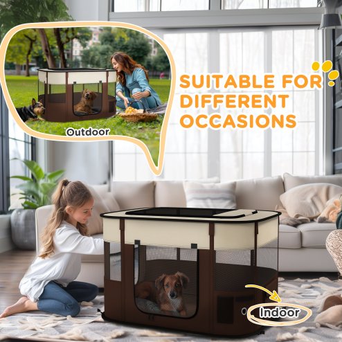 PawHut Dog Pen, Pet Playpen, Portable Foldable Dog Cat Playpen Soft Pet Cage with Storage Bag for Puppies, Rabbits, Kittens, Guinea Pigs, 94 x 74 x 60cm - Brown