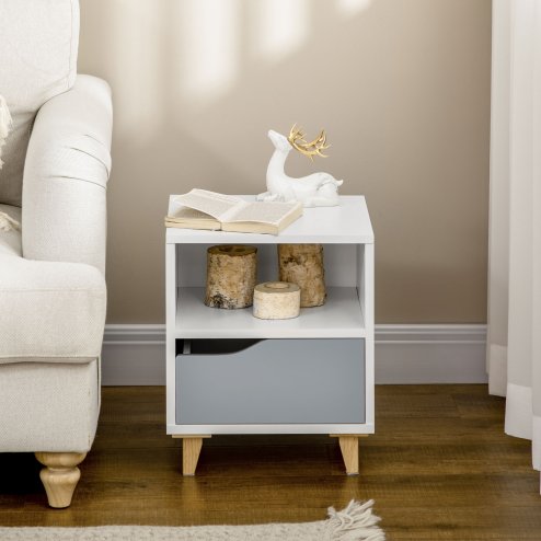 HOMCOM Bedside Table Nightstand with Drawer and Shelf, Side End Table with Wood Legs for Bedroom, White and Grey