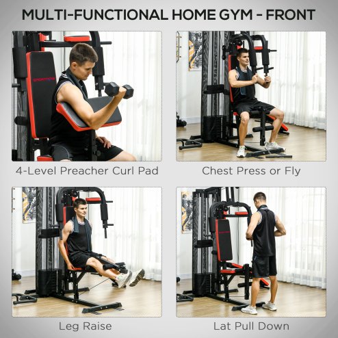 SPORTNOW Multi Gym Workout Station with 65kg Weight Stack, Sit Up Bench, Push Up Stand, Dip Station, Adjustable, for Home Gym, Full Body Strength Training