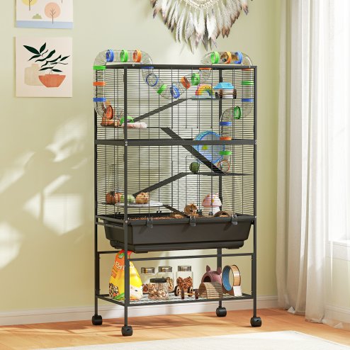PawHut Hamster Cage, 5 Tier Large Gerbil Cage on Wheels with 17 cm Deep Tray, Storage Shelf, Big Exercise Wheel, Tube System, Hut, Platforms, Ramps, Food Dish, Water Bottle, for Syrian Hamsters, Rats